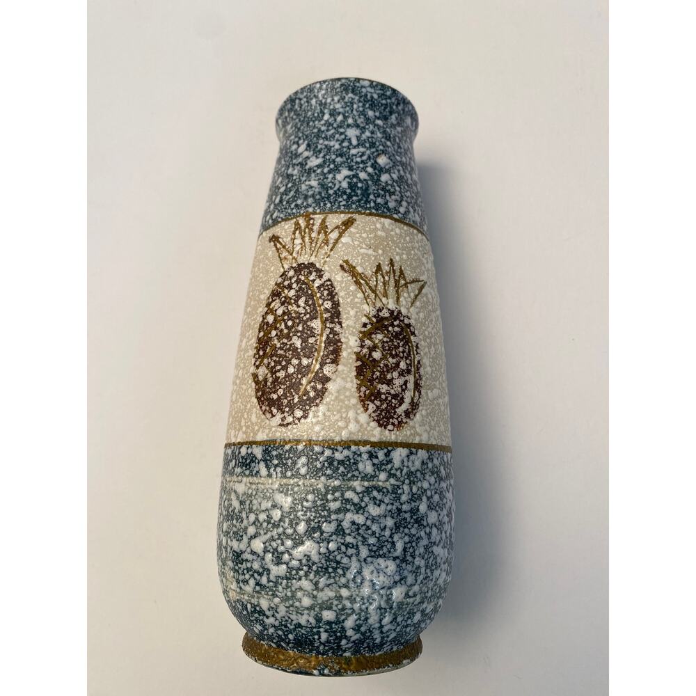 MCM Vintage Lava Speckled Glaze Textured Vase Pineapples Ceramic Blue White 7"